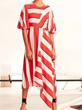 Red and Cream Striped Asymmetric Midi Dress